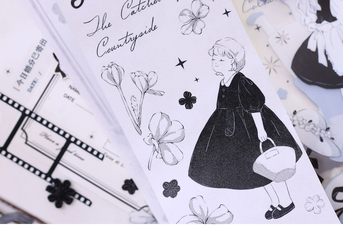 XiaoBaiJia【Small Countryside】Light Retro Black and White Characters Orginal Design Washi Pet Tape Stickers