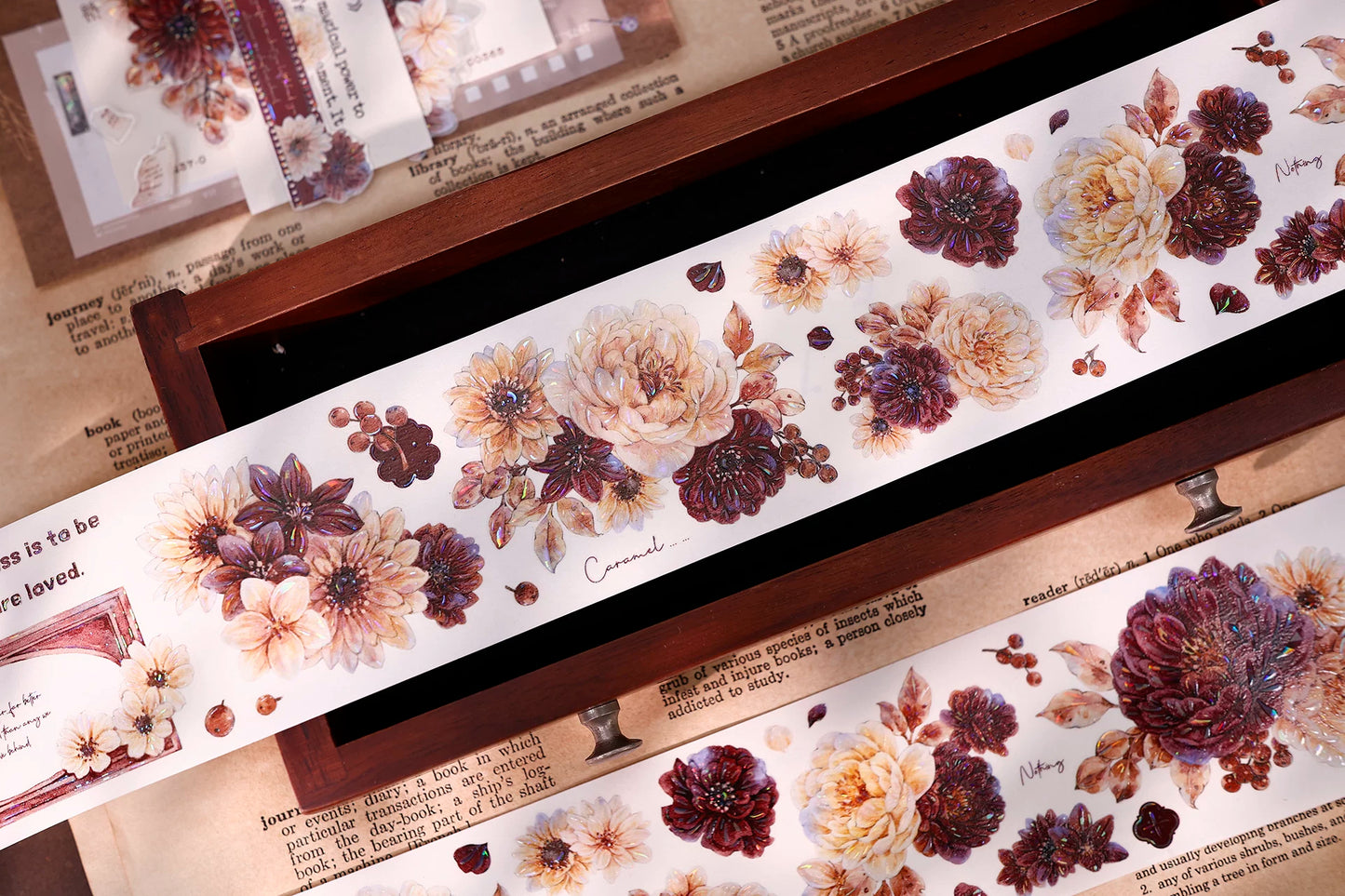 XiaoBaiJia【Peony Shadow Flower Description】Pre-cut Floral Orginal Design Washi Pet Tape Light Retro Stickers