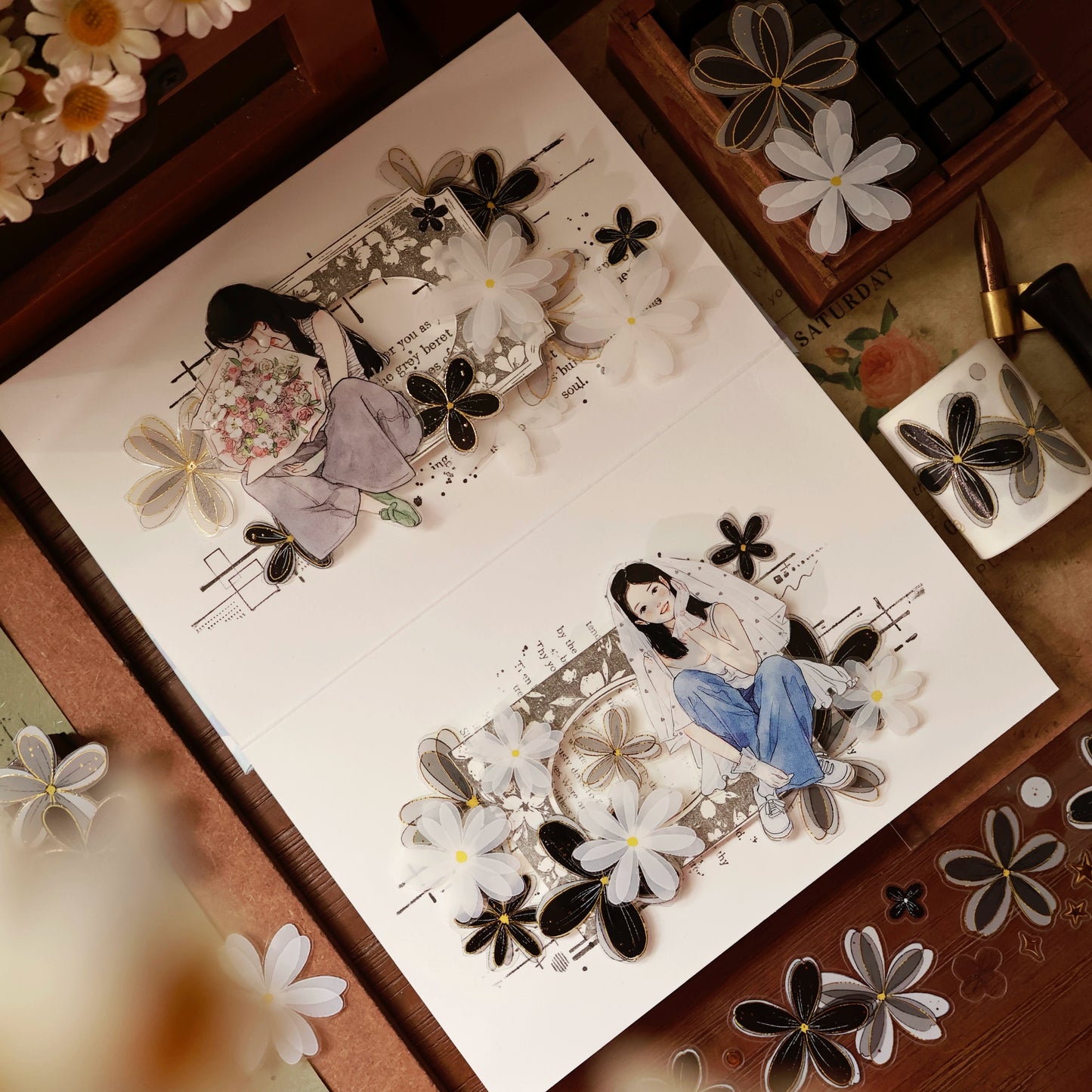 YiEr Vol15【Black and White Flowers】Orginal Design Pre-cut Washi/Pet Floral Tape Light Retro Landscaping Stickers