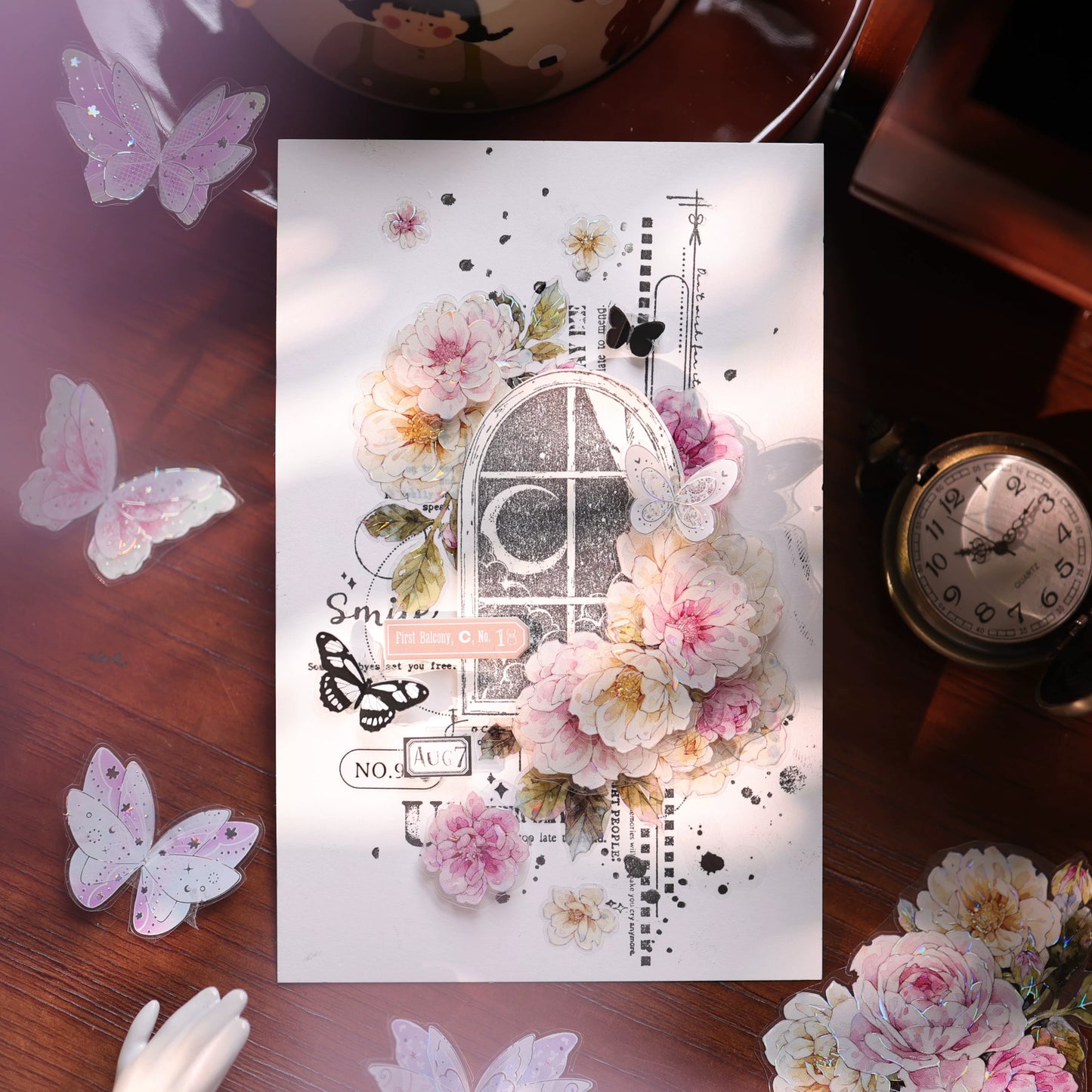 YiEr Vol17【Peach Mist and White Fluff】Kiss-cut Floral Washi Tape and PET Stickers