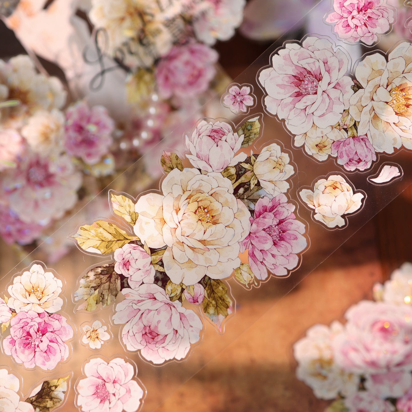 YiEr Vol17【Peach Mist and White Fluff】Kiss-cut Floral Washi Tape and PET Stickers