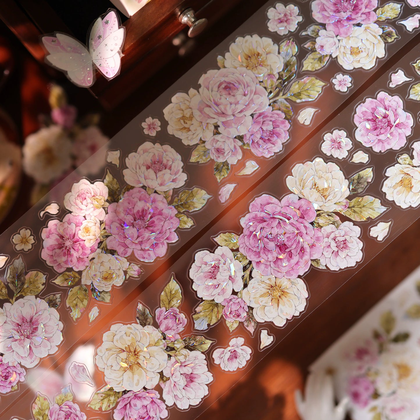 YiEr Vol17【Peach Mist and White Fluff】Kiss-cut Floral Washi Tape and PET Stickers