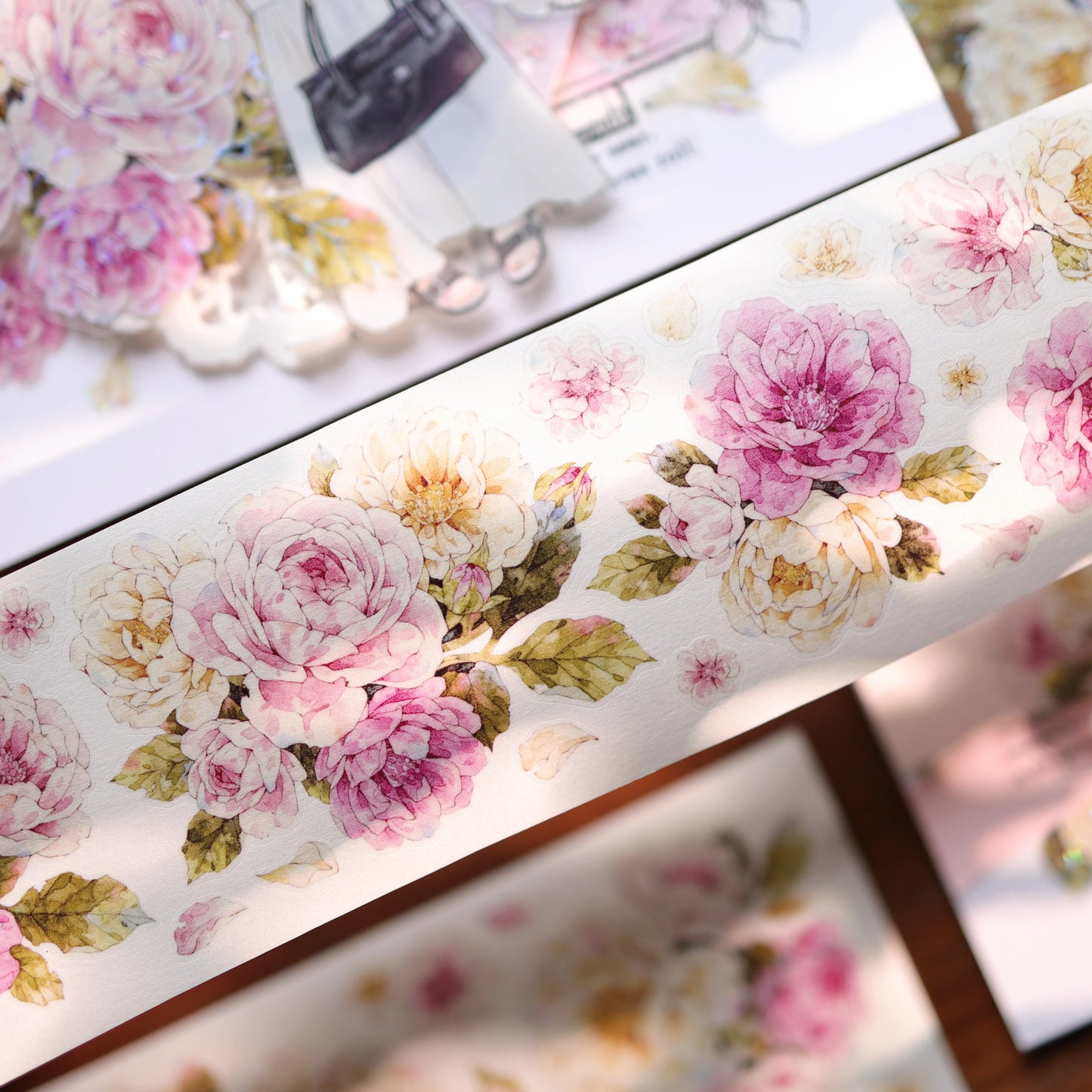 YiEr Vol17【Peach Mist and White Fluff】Kiss-cut Floral Washi Tape and PET Stickers