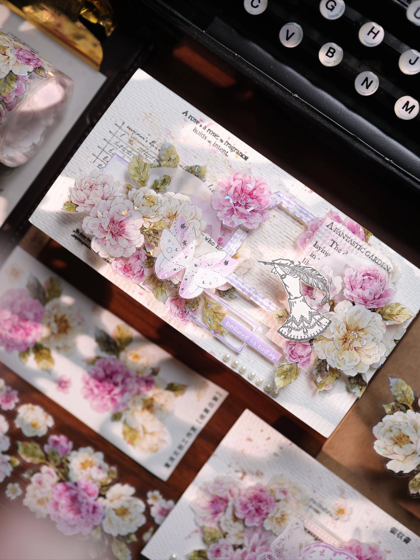 YiEr Vol17【Peach Mist and White Fluff】Kiss-cut Floral Washi Tape and PET Stickers